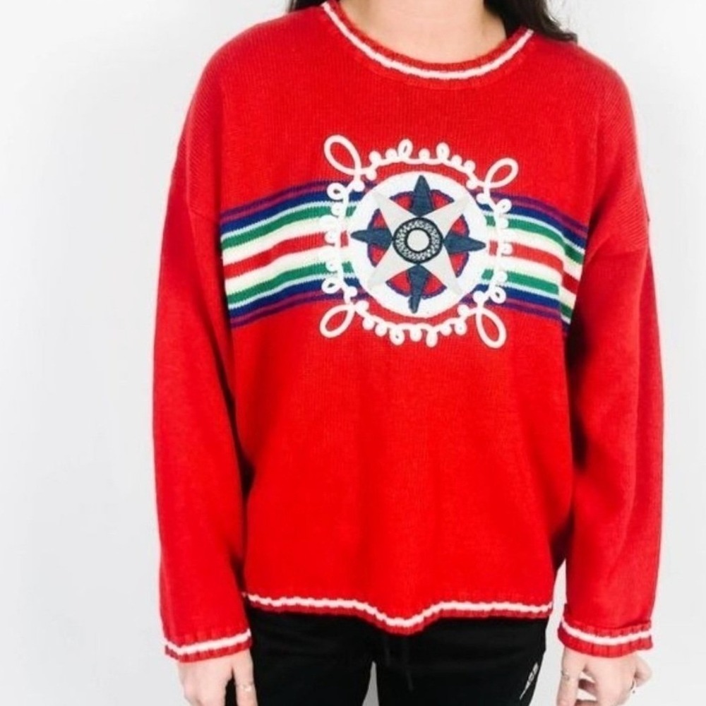Vintage Susan Bristol Casuals 1996 Red Nautical Compass Star Knit Sweater XL NWT